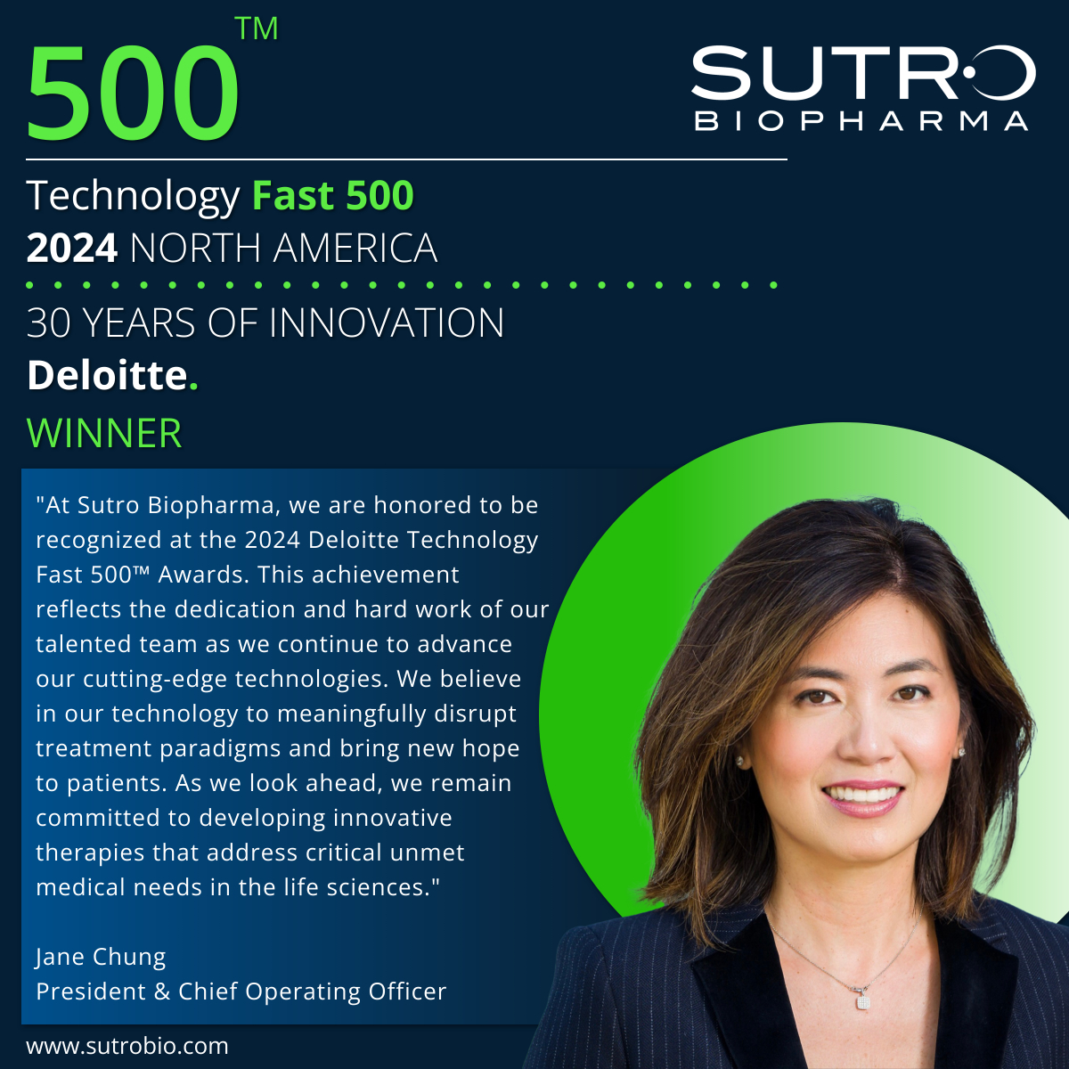 SutroBio's tweet photo. Sutro Biopharma is honored to be recognized at the 2024 @DeloitteTMT Technology Fast 500™ Awards! 🎉 This recognition is a testament to the dedication and innovation of our incredible team as we continue to push the boundaries for our patients and enabling a future where more is POSSIBLE. https://t.co/Z0Iav5ChTb
#FAST500 #FAST500Winner #SutroBio #cancerresearch $STRO