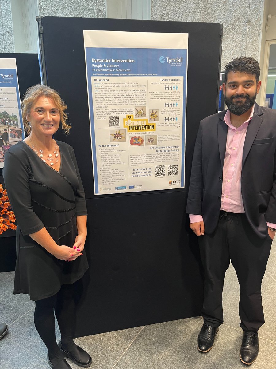 At Tyndall's Internal Conference yesterday, we showcased our responsibility to highlight unacceptable behaviour, challenge unwanted behaviour, as well as verbal &amp; physical advances, to effect pro-social behaviour &amp; cultural change. 
 <a href="/BystanderUcc/">UCC Bystander Intervention</a> bit.ly/4eFbp1I