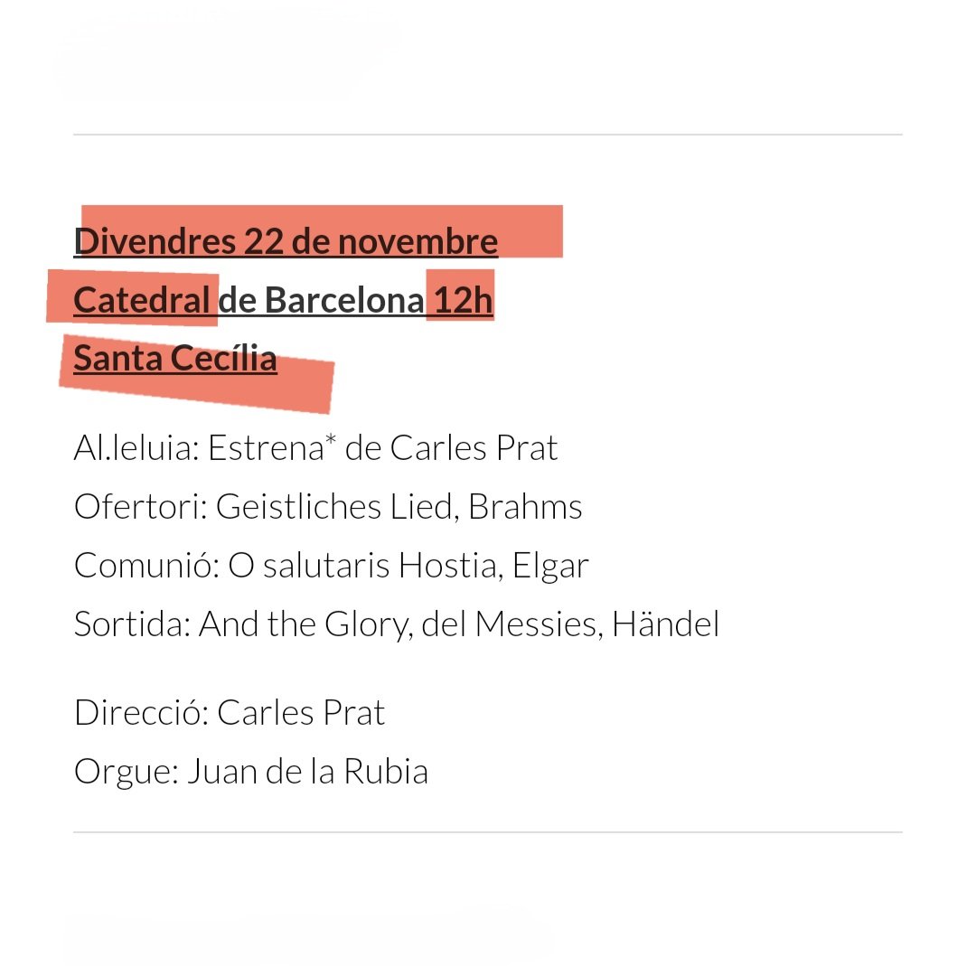 Cor Francesc Valls (@corcatedralbcn) on Twitter photo Celebrem Santa Cecília, patrona de la música!
Demà divendres 22 de novembre, missa a les 12h la Catedral de Barcelona, en honor a la patrona de la música amb l'estrena d'una obra de Carles Prat
Direcció, Carles Prat
Orgue, Juan de la Rubia
<a href="/catedralbcn/">Catedral de Barcelona</a> <a href="/CarlesPrat4/">Carles Prat Vives</a> <a href="/JDELARUBIA/">Juan de la Rubia</a> Celebrem Santa Cecília, patrona de la música!
Demà divendres 22 de novembre, missa a les 12h la Catedral de Barcelona, en honor a la patrona de la música amb l'estrena d'una obra de Carles Prat
Direcció, Carles Prat
Orgue, Juan de la Rubia
<a href="/catedralbcn/">Catedral de Barcelona</a> <a href="/CarlesPrat4/">Carles Prat Vives</a> <a href="/JDELARUBIA/">Juan de la Rubia</a>