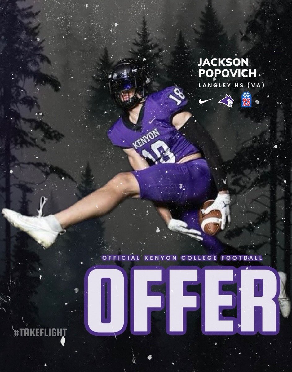 JacksonPopo9's tweet photo. I am blessed to receive an offer and full academic support through the admissions process from @KenyonFootball! #TAKEFLIGHT Thank you to @IanMGood @Coach_Cattrell @coachwilson2333 for all their support and this amazing opportunity. Go Owls! https://t.co/6gaAwhIz4P