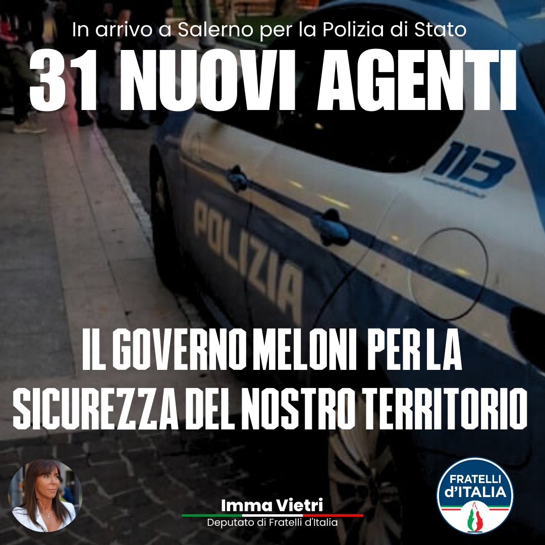 🔵31 nuovi agenti in arrivo per la Polizia di Stato e i suoi reparti speciali a #Salerno. Ringrazio il Ministro dell’Interno <a href="/Piantedosim/">Matteo Piantedosi</a>  e il Sottosegretario di Stato <a href="/WandaFerro/">Wanda Ferro</a> per questo ulteriore segnale di grande attenzione verso il nostro territorio. 
#fratelliditalia