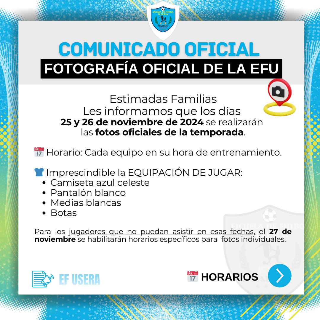 ADEF_Usera's tweet image. 📣Les informamos que los días 25 y 26 de noviembre de 2024 se realizarán
las fotos oficiales de la temporada.⚡

📅 Horario: Cada equipo en su hora de entrenamiento.