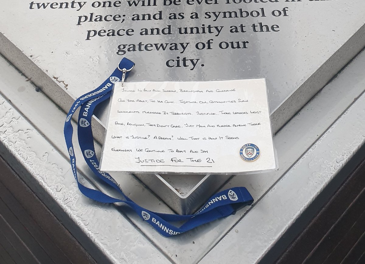 Thoughts with the wider Birmingham community today 50 years on from the pub bombings. Coleraine fans last week left this small momento to remember the slaughter as  their own town faced similar the year before. The bombers are known. Let there be justice <a href="/Justice4the21/">Justice4the21</a>