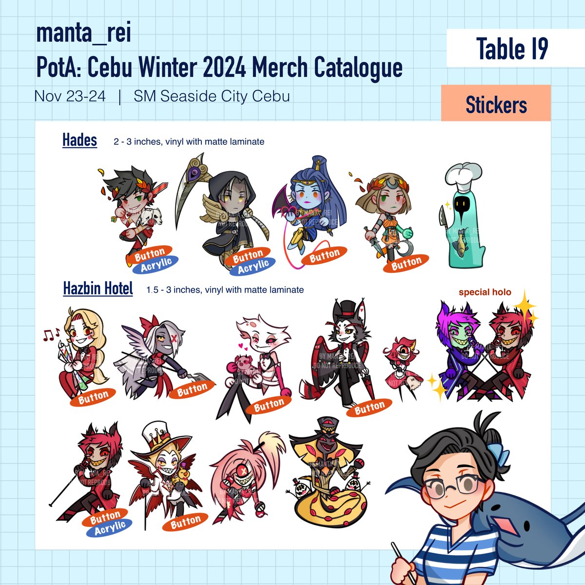 manta_reii's tweet photo. Merch catalogue for Patrons of the Arts: Cebu Winter!! βοΈ (1/2)
Second time tabling~ Find me at Table I9 with mintchipsu. See you guys there!! π
ποΈ November 23-24, 2024
π 10am to 8pm
π SM Seaside, Sky Hall, 3rd floor
#PatronsOfTheArts #PotACebuWinter https://t.co/yDU5rp7n6r