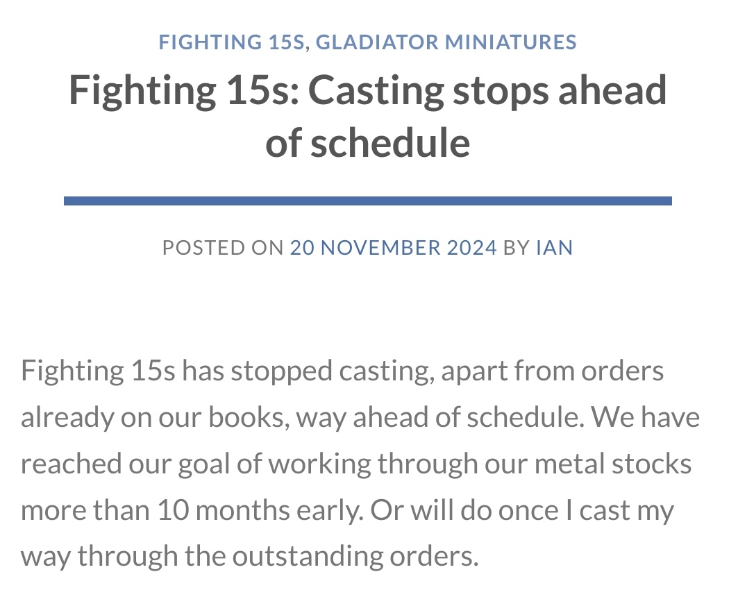 MiniMentions's tweet photo. Notice: Fighting15s have stopped casting to retire.

They will continue to make flags and are selling the remainder of their paint stock.

Here's wishing Ian a long and happy retirement and hope the ranges get picked up 🙂 https://t.co/qmd7Jbijxx