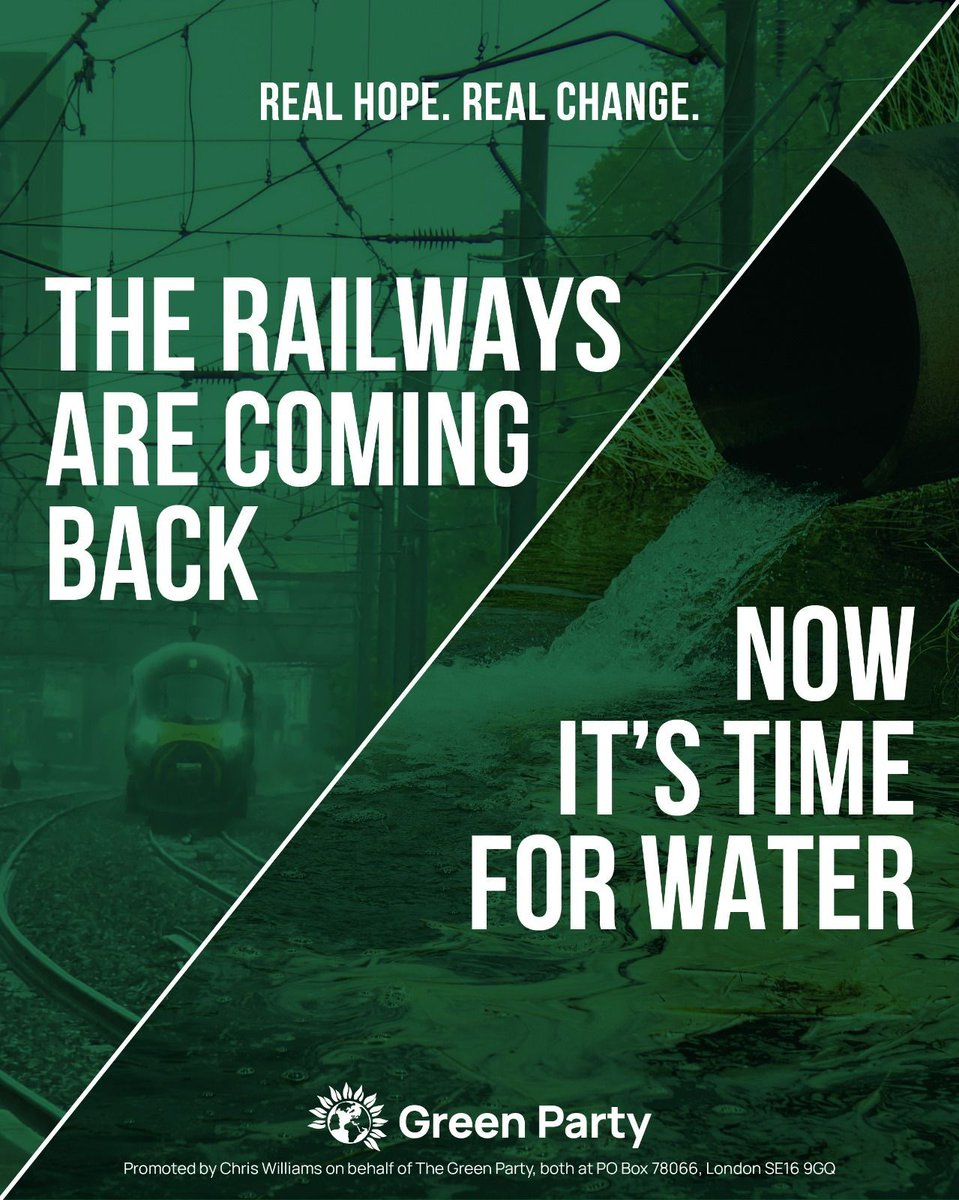 TheGreenParty's tweet image. 🛤️ The Government have taken another welcome step towards bringing our railways back into public hands.

🚰 But at the same time, they&apos;ve ruled out nationalising our failing water companies.

🤝 Support for public services in public hands is overwhelming. Now is the time.