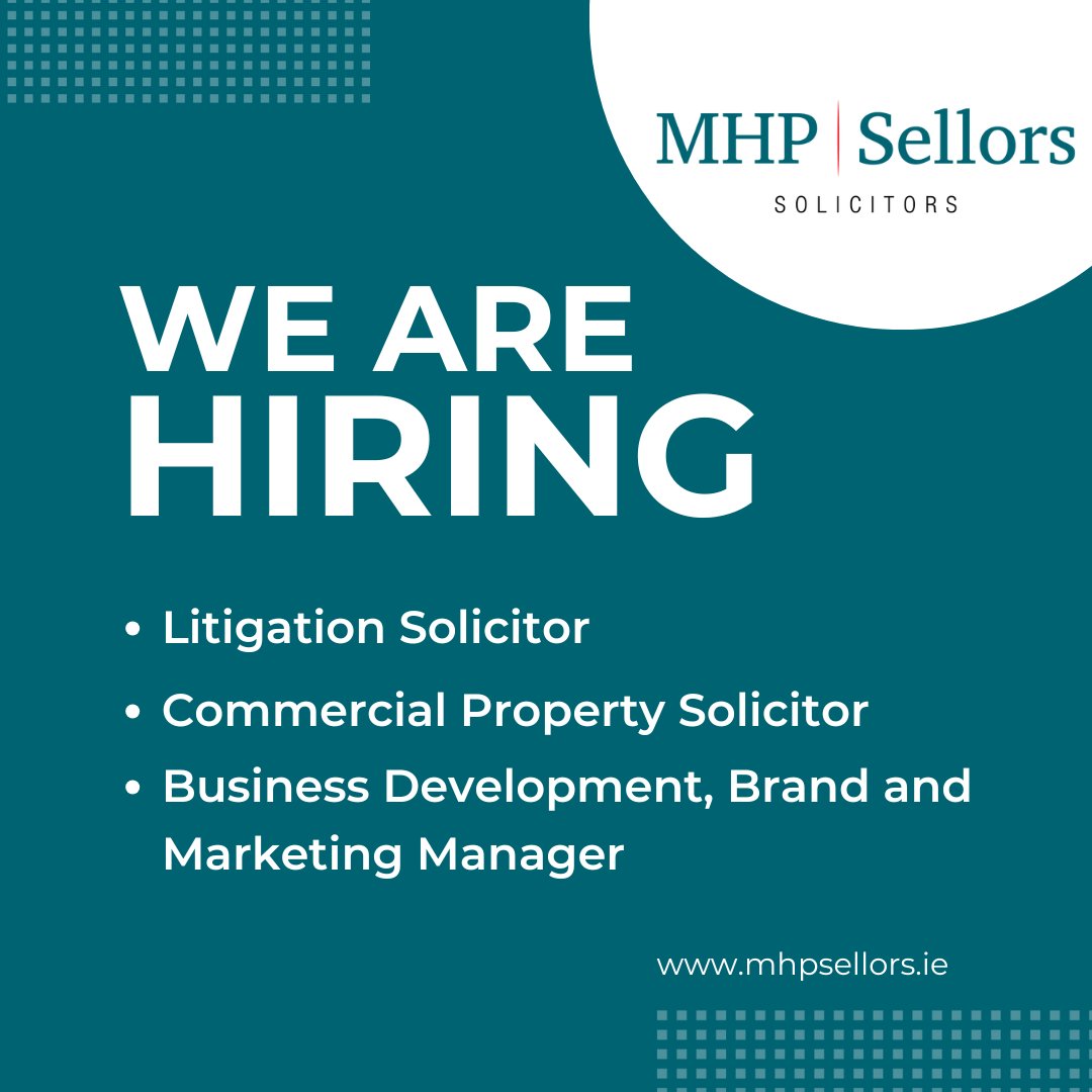 We’re expanding &amp; looking for three talented professionals to join our award-winning, nationally respected firm.

🔹 Litigation Solicitor
🔹 Commercial Property Solicitor
🔹 Business Development, Brand &amp; Marketing Manager

Interested? 

Learn more here: mhpsellors.ie/work-with-mhp-…