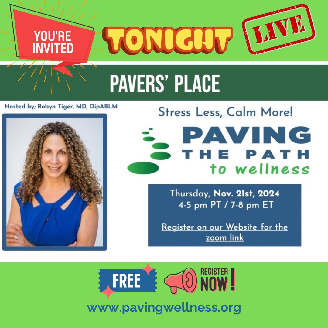 StressFreeMD (@robyntigermd) on Twitter photo Join us TONIGHT‼️
Elevate your ☮️
Free registration here:
pavingwellness.org/newpage808b699d
<a href="/pavingwellness/">Paving the Path to Wellness</a>
<a href="/DrAmyComander/">Amy Comander MD, DipABLM</a>
<a href="/BethFratesMD/">Beth Frates MD</a>
<a href="/DrMTollefson/">Michelle Tollefson</a>
<a href="/ValeriaTivnan1/">Valeria Tivnan</a> Join us TONIGHT‼️
Elevate your ☮️
Free registration here:
pavingwellness.org/newpage808b699d
<a href="/pavingwellness/">Paving the Path to Wellness</a>
<a href="/DrAmyComander/">Amy Comander MD, DipABLM</a>
<a href="/BethFratesMD/">Beth Frates MD</a>
<a href="/DrMTollefson/">Michelle Tollefson</a>
<a href="/ValeriaTivnan1/">Valeria Tivnan</a>