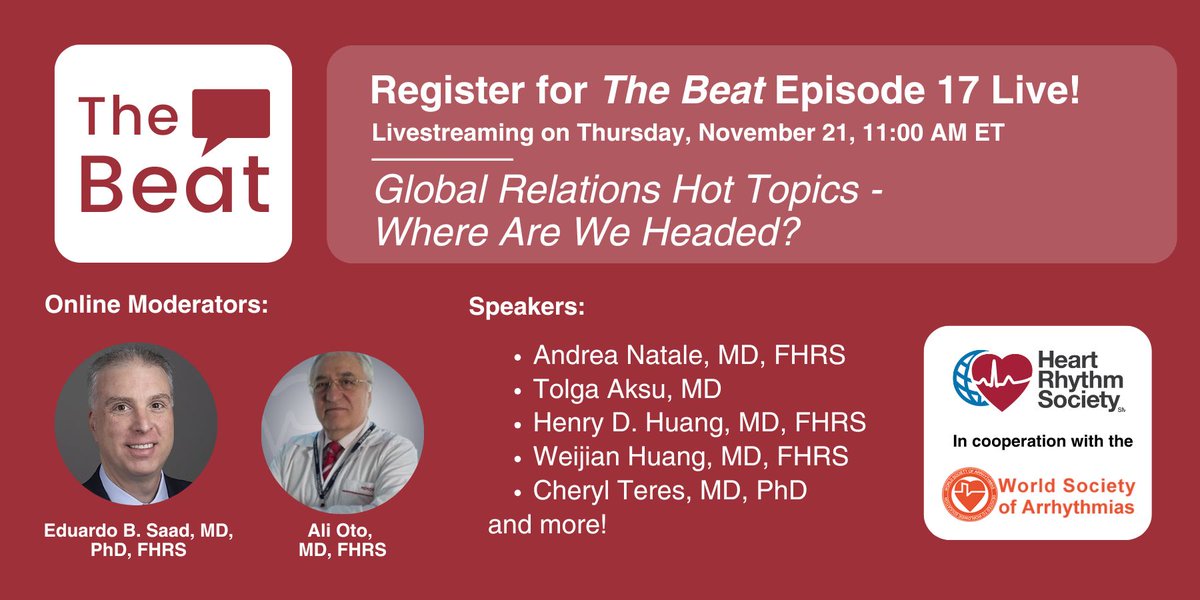 1️⃣ HOUR LEFT until the next live event in The Beat webinar series! Join us for episode 17, Global Relations: Hot Topics - Where Are We Heading?, on Heart Rhythm 365.

Hear from your global colleagues in this in-depth discussion of current and controversial topics such as PFA, and