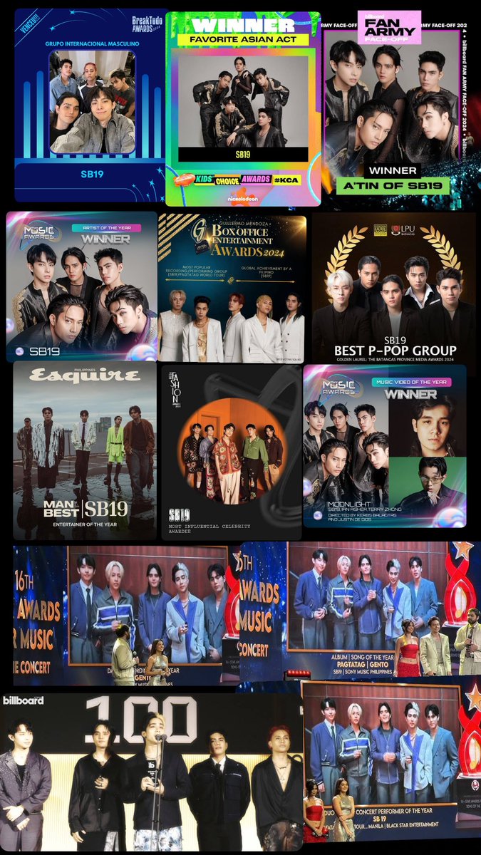 SB19’s awards and recognitions for 2024 so far as a group (PS. List may be incomplete and there are still pending winner announcements)

INTERNATIONAL
Breaktudo Awards
🏆 Best International Male Group
Nickelodeon’s Kid’s Choice Awards 
🏆Favorite Asian Act
Billboard K-Power 100