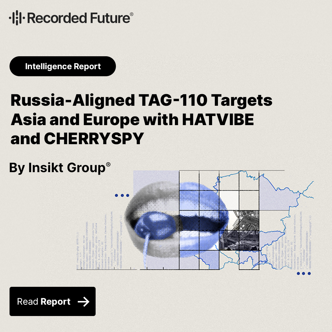 RecordedFuture's tweet image. TAG-110, a Russia-aligned threat group, is targeting Central Asia, East Asia, and Europe using HATVIBE and CHERRYSPY malware to attack governments, human rights groups, and educational institutions. Likely tied to Russian APT #BlueDelta, the group exploits phishing and vulnerable