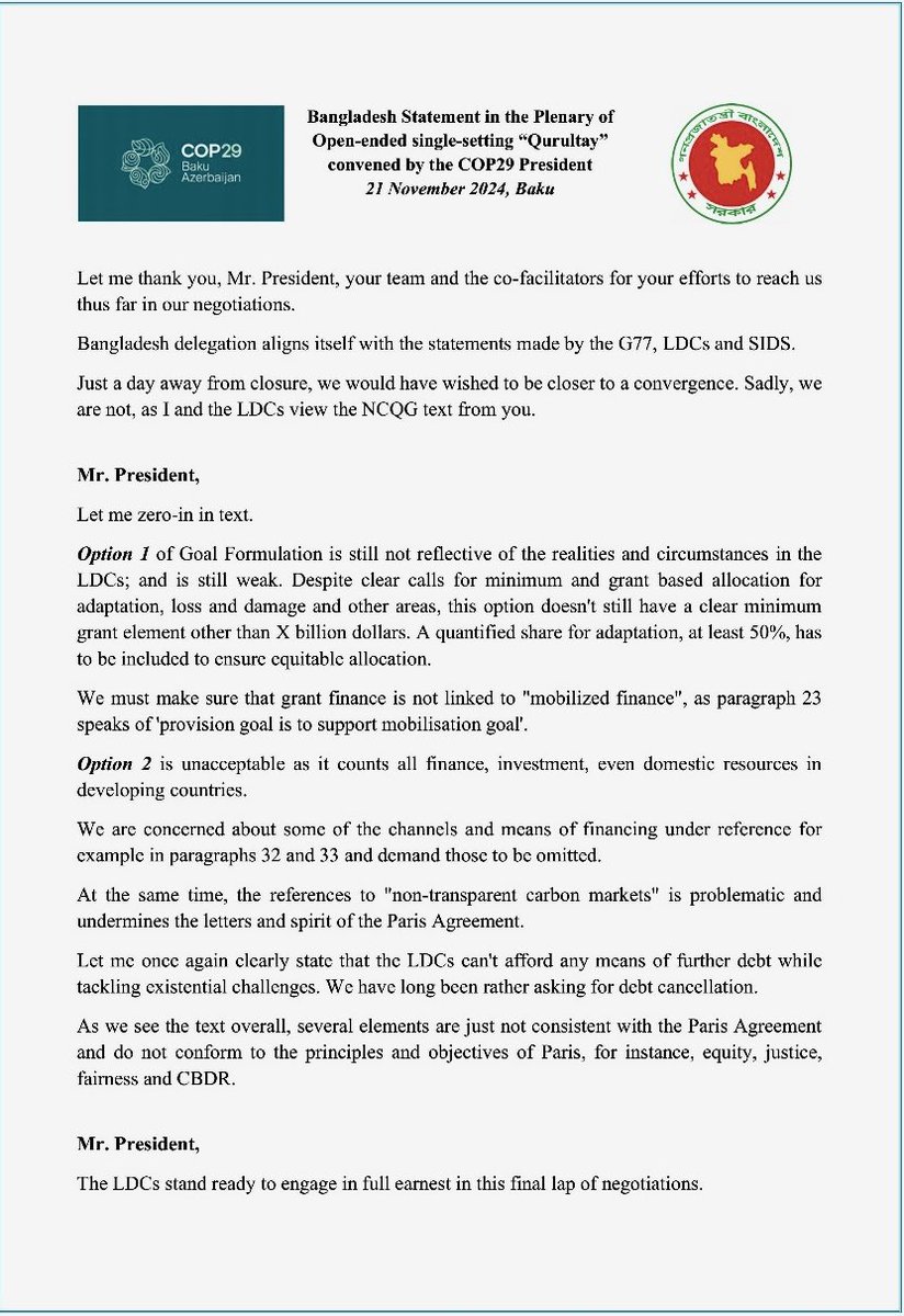 Riaz Hamidullah (@hamidullah_riaz) on Twitter photo 🇧🇩Adviser for Environment & Climate Change, HE <a href="/SyedaRizwanaH/">Syeda Rizwana Hasan</a>, shares the expectations of the LEAST DEVELOPED COUNTRIES (LDCs) on #ClimateFinance as #UNFCCC #COP29Baku approaches the final lap...
<a href="/UNFCCC/">UN Climate Change</a> <a href="/BDMOFA/">Ministry of Foreign Affairs</a> <a href="/EU_Commission/">European Commission</a>
#Climate #Bangladesh 🇧🇩Adviser for Environment & Climate Change, HE <a href="/SyedaRizwanaH/">Syeda Rizwana Hasan</a>, shares the expectations of the LEAST DEVELOPED COUNTRIES (LDCs) on #ClimateFinance as #UNFCCC #COP29Baku approaches the final lap...
<a href="/UNFCCC/">UN Climate Change</a> <a href="/BDMOFA/">Ministry of Foreign Affairs</a> <a href="/EU_Commission/">European Commission</a>
#Climate #Bangladesh