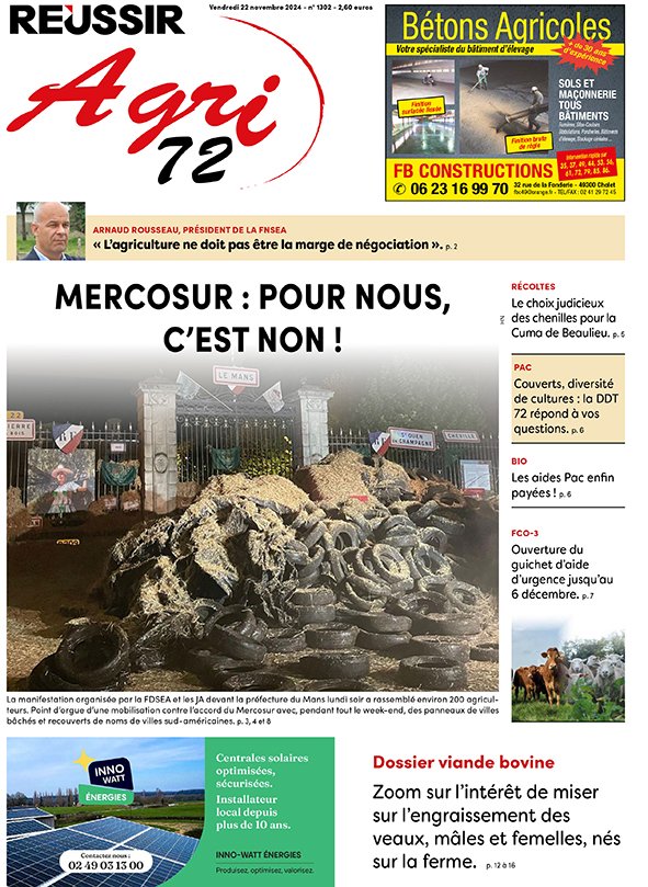 Voici la Une de votre journal du 22/11💪
C'est un NON au Mercosur <a href="/fdsea72/">FDSEA72</a> et <a href="/JASarthe/">JA Sarthe</a> ont manifesté devant la préfecture de la Sarthe lundi soir. Dossier #viandebovine une Cuma qui a investi dans des chenilles, ouverture du Guichet d'aide d'urgence FCO-3..Bonne lecture à tous🤓