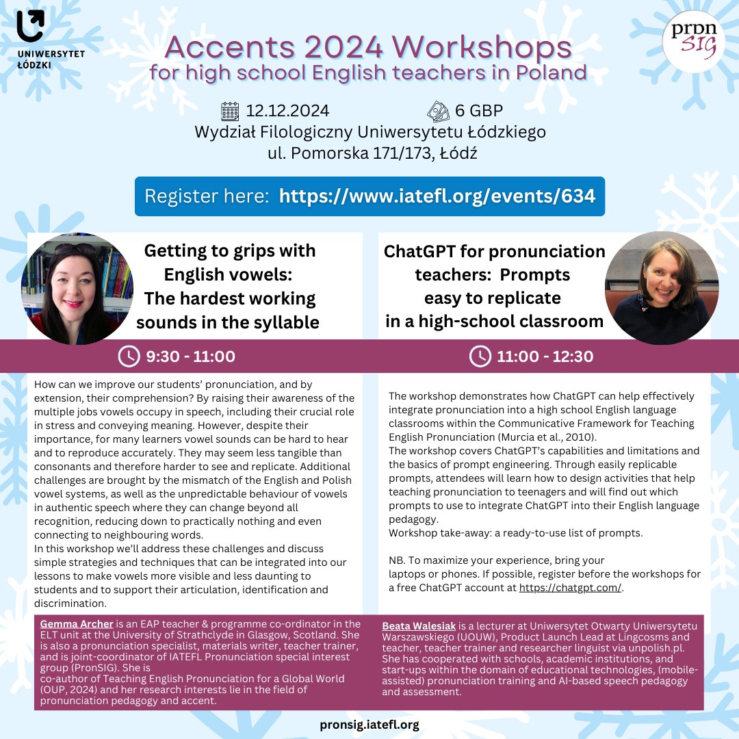 👩🏻‍🏫 Are you a High school teacher of English in Poland? Why not join IATEFL PronSIG in collaboration with the 2024 Accents conference at the University of Łódź on December 12 from 9:30 to 12:30?
Check out our website!

🔗 iatefl.org/events/634