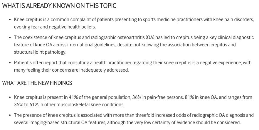 ⚠️ Noisy knees - knee crepitus prevalence and association with structural pathology 💥

Have you seen this popular systematic review and meta-analysis? 📄

See the #KeyFindings ⬇️

Paper 👉 bit.ly/4g6ZMll