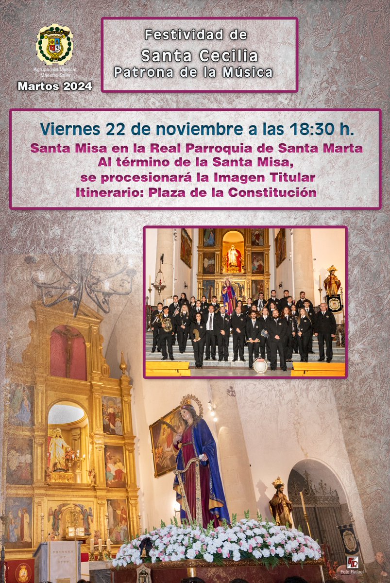 Mañana, viernes 22 de noviembre a las 18:30, con motivo de la onomástica de Nuestra Patrona Santa Cecilia, tendrá lugar en la Real Parroquia de Santa Marta su tradicional misa donde nuestra formación estará presente junto al coro de la parroquia participando en dicha ceremonia.