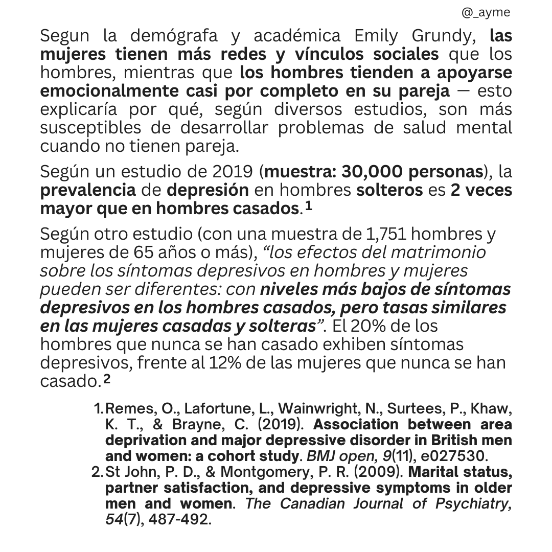 La prevalencia de depresión en hombres solteros es dos veces mayor que en hombres con pareja.
No ocurre lo mismo con las mujeres.

Quienes más desesperadamente buscan pareja (a falta de tejer redes de apoyo y cuidados) no son ellas.

Menos chantajes y más cuidar a los amigos.
