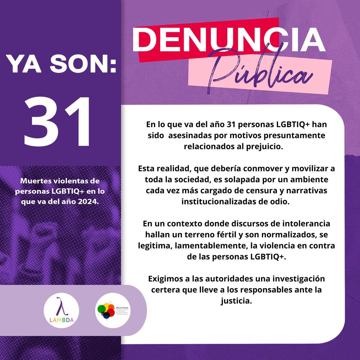 En un contexto donde discursos de intolerancia hallan un terreno fértil y son normalizados, se legitima, lamentablemente, la violencia en contra de las personas LGBTIQ+ y dan como resultados cifras tan alarmantes 🚨