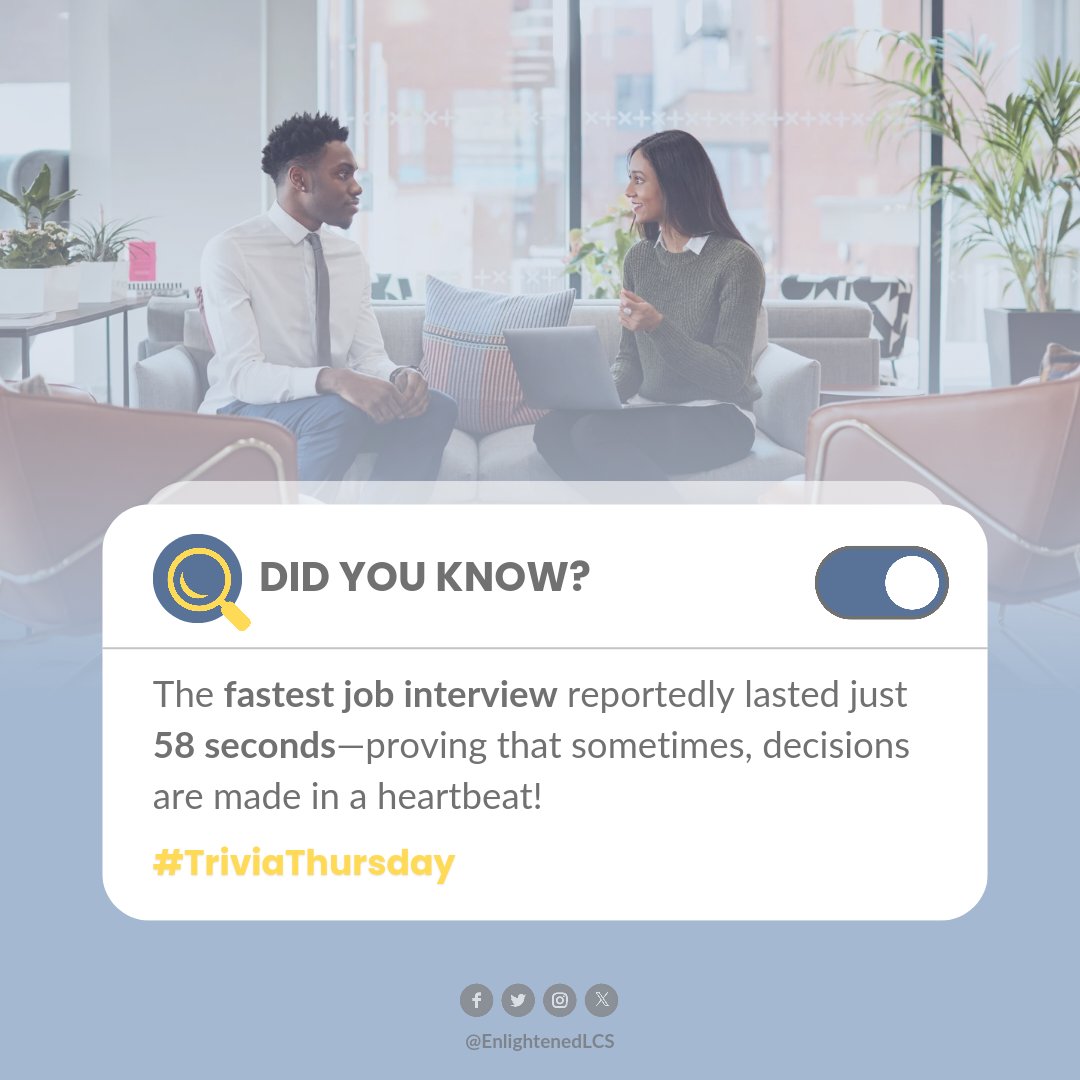 Enlightenedlcs's tweet image. At Enlightened, we don’t do 58-second miracles—but we’ll make sure you’re sitting in the interview chair faster than you think.

#Trivia #Interview #Job #Career #Hiring #Professional #OpenToWork #Tips #Work