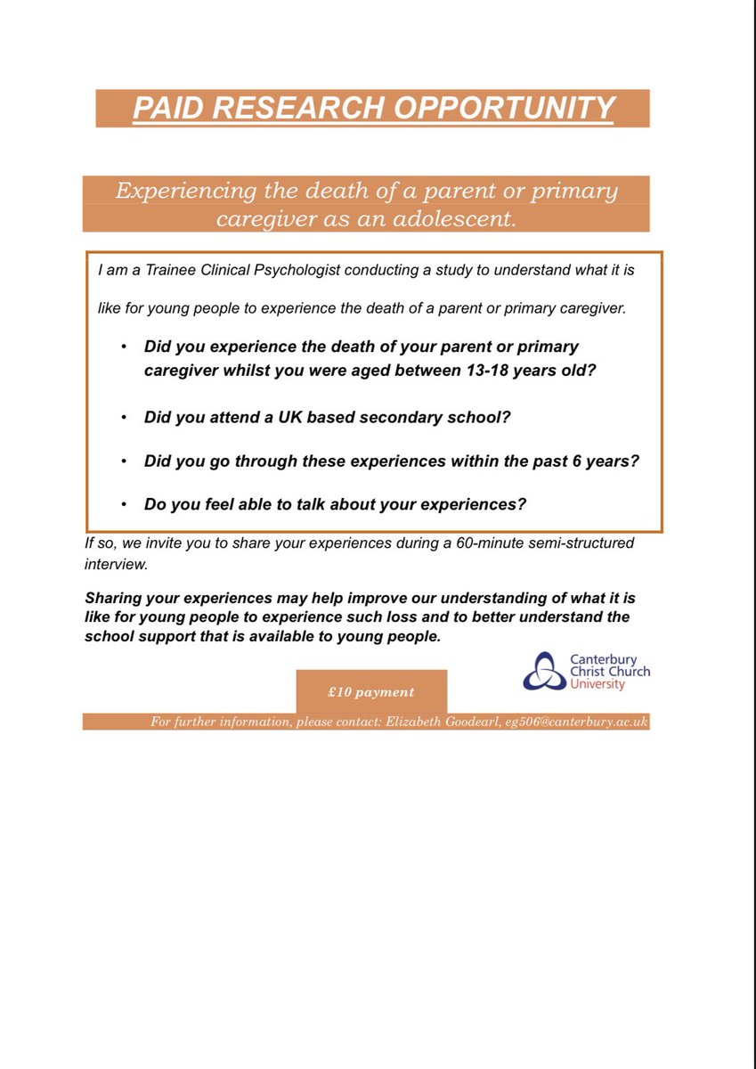 Elizabeth Goodearl (@egoodearl) on Twitter photo **Last call for research participants** 📣 
Are you aged 24 years or younger & have experienced the death of your parent as an adolescent within the past 1-6 years?
If so, please consider whether you might be interested in taking part in my study. 
eg506@canterbury.ac.uk **Last call for research participants** 📣 
Are you aged 24 years or younger & have experienced the death of your parent as an adolescent within the past 1-6 years?
If so, please consider whether you might be interested in taking part in my study. 
eg506@canterbury.ac.uk