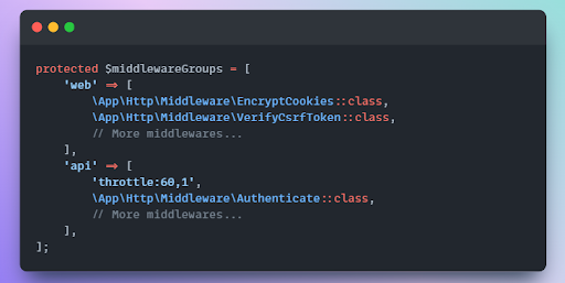 thelarrybarker's tweet photo. #Laravel tip:

Optimize Middleware with Middleware Groups

Instead of applying multiple middlewares to routes individually, use middleware groups to combine related middleware into a single set for easy assignment.

Define middleware groups in Kernel.php: https://t.co/iX1IEqrLef