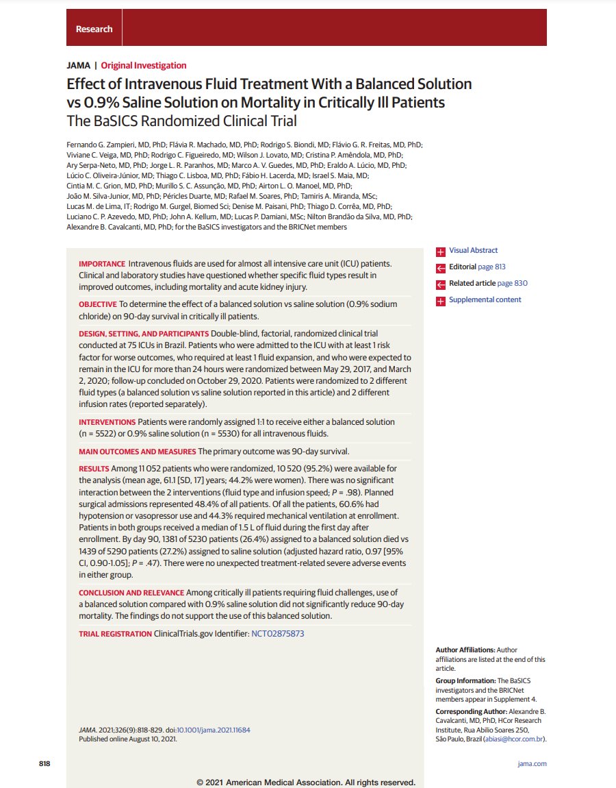 <a href="/NEJM/">NEJM</a> Among critically ill patients requiring fluid challenges, use of a balanced solution compared with 0.9% saline solution did not significantly reduce 90-day mortality 

⚠️ The findings do not support the use of this balanced solution ca. 2021 from <a href="/JAMA_current/">JAMA</a> 
#Nephpearls