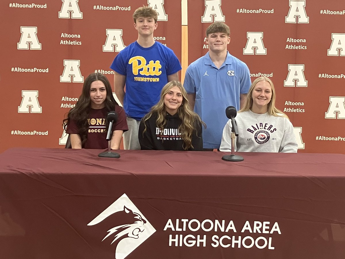AltoonaAthletic's tweet photo. Congrats to those 5 Altoona Student - Athletes as they make their college commitment today.  Aaron Smearman baseball UPJ. Melana Eyer Girls hoops Shippensburg. Lanie Wilt girls hoops D’Youville. @altoonastrength @AASDSuper @AAHSStuCouncil @AltoonaEcho @AASDSuper #AltoonaProud https://t.co/KrzaKQWvKH