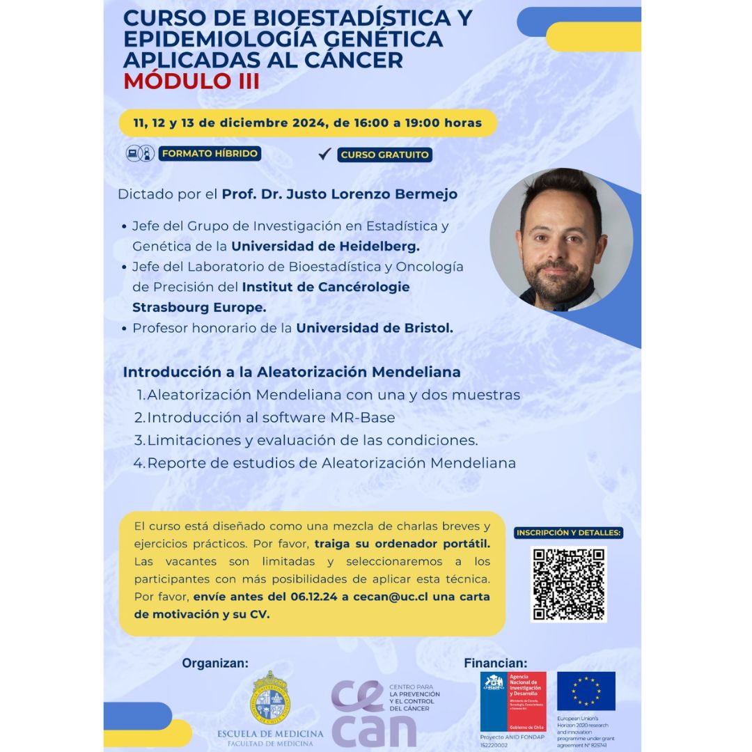 En conjunto con <a href="/FacMedicinaUC/">Facultad Medicina UC</a> y <a href="/CECAN_Chile/">Centro para la Prevención y el Control del Cáncer</a>, y con apoyo de <a href="/ANID_Chile/">Agencia Nacional de Investigación y Desarrollo</a> y #UniónEuropea, el Prof. Dr. Justo Lorenzo de la <a href="/UniHeidelberg/">Uni Heidelberg</a> dictará este curso en Chile. Para inscribirse, escanear el QR.