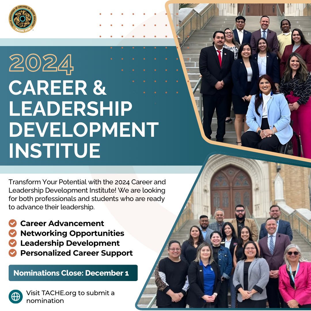 🚨TACHE is looking for both professionals and students who are ready to advance their leadership through our Career and Leadership Development Institute (CLDI)!

🗓️Nominations and self-nominations are currently being accepted and will close on Sunday, December 1, 2024.