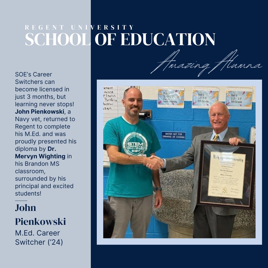 Regent University School of Education (@regentsoe) on Twitter photo Dr. Mervyn Wighting had the honor of presenting former Navy commander and career switcher John Pienkowski with his M.Ed. diploma! A proud moment for both John and the <a href="/RegentSOE/">Regent University School of Education</a> community! ๐๐ฝ๐๐
#CareerSwitchers #RegentSchoolofEd
<a href="/RegentU/">Regent University</a> <a href="/BrandonChargers/">Brandon Chargersโก๏ธ</a> <a href="/vbschools/">VBSchools</a> Dr. Mervyn Wighting had the honor of presenting former Navy commander and career switcher John Pienkowski with his M.Ed. diploma! A proud moment for both John and the <a href="/RegentSOE/">Regent University School of Education</a> community! ๐๐ฝ๐๐
#CareerSwitchers #RegentSchoolofEd
<a href="/RegentU/">Regent University</a> <a href="/BrandonChargers/">Brandon Chargersโก๏ธ</a> <a href="/vbschools/">VBSchools</a>