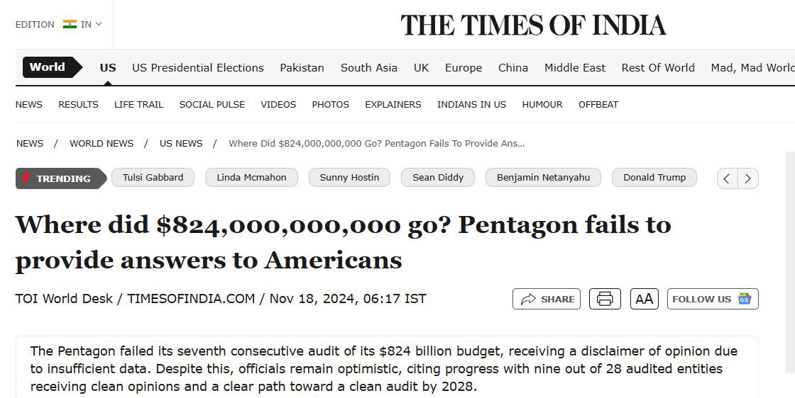 ddtimes's tweet photo. How many people know this?

The Pentagon has failed its 7th audit in a row!

Yes, they have no idea where $ 824 BILLION WENT!

Gone...disappeared

So the corrupt US deep state is busy distracting Americans with allegations of corruption in India!

And we Indians think - Delloit, E&Y, KPMG, PWC are good auditors. 🤣🤣🤣

They indeed are. With no disrespect to these auditors, per se🙏🏻