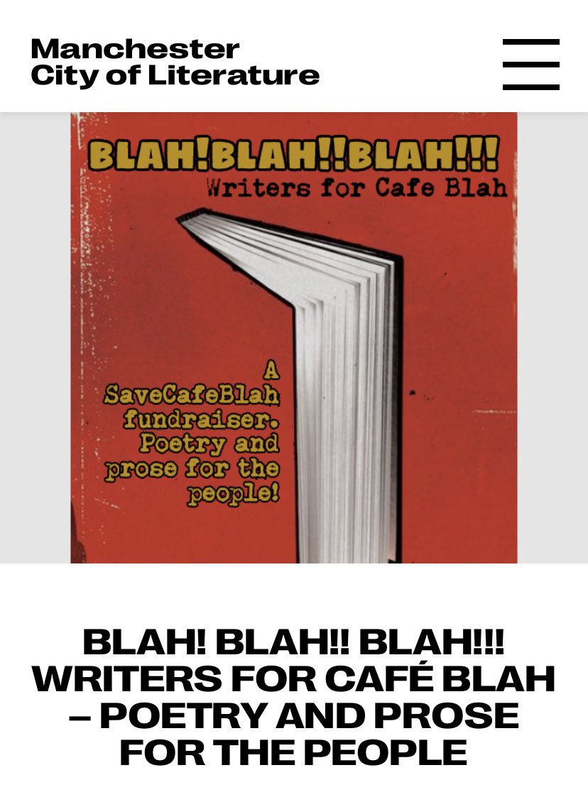Manchester City of Literature (@mcrcityoflit) on Twitter photo #SaveCaféBlah fundraiser this Saturday!
Organised by <a href="/wordsnfixtures/">Sarah-Clare Conlon</a> + <a href="/ggaffa/">david gaffney</a> with readings from @LenniSanders <a href="/zimZalla/">Tom Jenks</a> <a href="/AMDPPoet/">Anna Percy</a> John McAuliffe <a href="/newwritingMCR/">CentreForNewWriting</a> <a href="/lydiowanie/">Lydia Unsworth</a>
<a href="/smooth2go/">Steve Smythe</a> + more
#CityofLit
manchestercityofliterature.com/event/blah-bla… #SaveCaféBlah fundraiser this Saturday!
Organised by <a href="/wordsnfixtures/">Sarah-Clare Conlon</a> + <a href="/ggaffa/">david gaffney</a> with readings from @LenniSanders <a href="/zimZalla/">Tom Jenks</a> <a href="/AMDPPoet/">Anna Percy</a> John McAuliffe <a href="/newwritingMCR/">CentreForNewWriting</a> <a href="/lydiowanie/">Lydia Unsworth</a>
<a href="/smooth2go/">Steve Smythe</a> + more
#CityofLit
manchestercityofliterature.com/event/blah-bla…