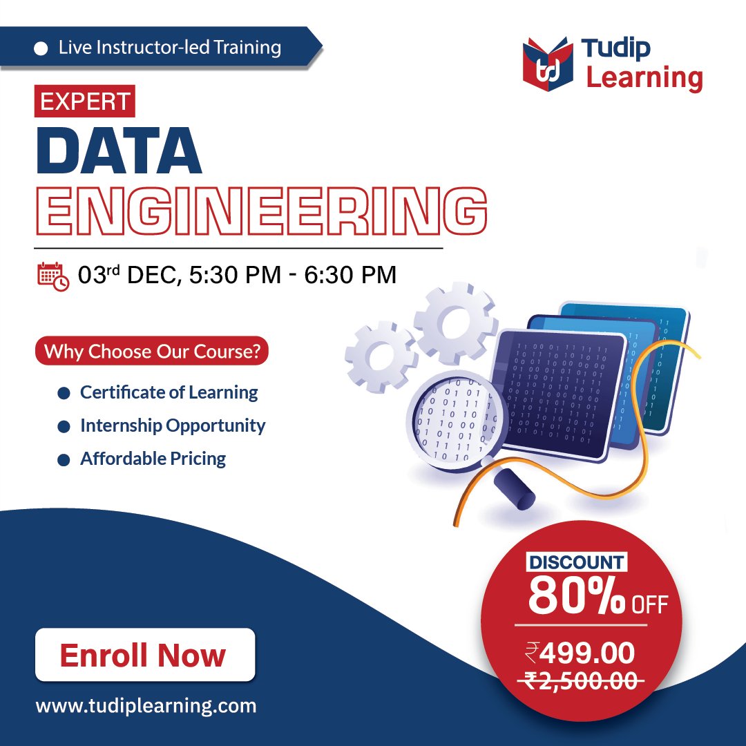 tudiplearning's tweet photo. Join our Expert Data Engineering and gain the expertise needed to design, build, and maintain scalable data systems!

📅 Expert Data Engineering, 
3rd Dec, 5:30 PM - 6:30 PM
Enroll: https://t.co/zLhsiIQowY https://t.co/0wnx6cadQZ