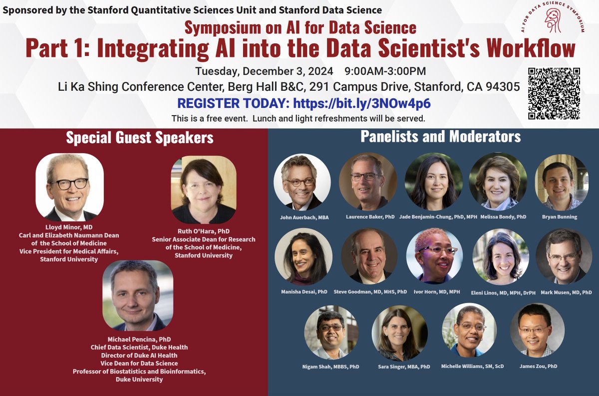 Stanford Quantitative Sciences Unit (@stanford_qsu) on Twitter photo Join us on Dec 3 for the AI for Data Science Symposium sponsored by <a href="/stanford_qsu/">Stanford Quantitative Sciences Unit</a> & <a href="/StanfordData/">Stanford Data Science</a> where we explore the topic of integrating AI into the data scientist's workflow. Don’t miss engaging talks, panels, & networking! 👉 Register: bit.ly/3NOw4p6 Join us on Dec 3 for the AI for Data Science Symposium sponsored by <a href="/stanford_qsu/">Stanford Quantitative Sciences Unit</a> & <a href="/StanfordData/">Stanford Data Science</a> where we explore the topic of integrating AI into the data scientist's workflow. Don’t miss engaging talks, panels, & networking! 👉 Register: bit.ly/3NOw4p6