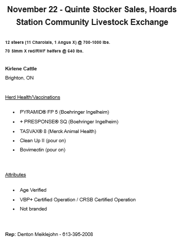If you are looking for VBP+ calves, check out these sales listing of calves being sold at Hoards Station tomorrow, November 22nd. <a href="/KirleneCattle/">kirby hakkesteegt</a> 
VBP+ producers can list their calves for sale here verifiedbeef.ca/producer-resou… <a href="/VBPCanada/">VBP+ Canada</a>