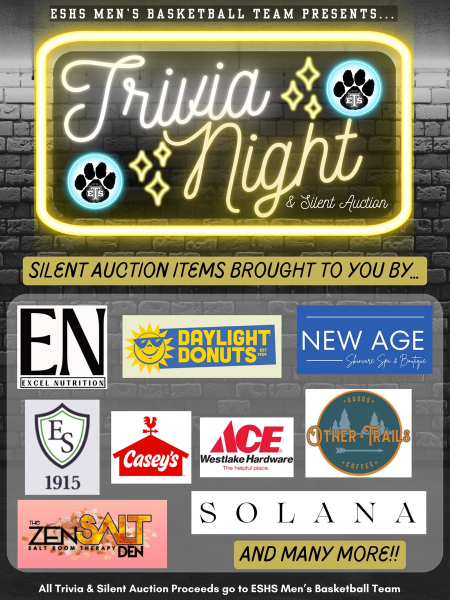 TONIGHT! 
We are excited to see everyone at our Tiger Hoops Trivia &amp; Silent Auction this evening starting at 7p @ Dubious Claims Brewing Co
We have over 20 local businesses who have graciously donated items for the Silent Auction, come and get your Christmas shopping done early!