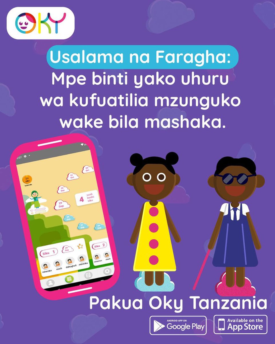 Application ya Oky Tanzania ni salama kwa taarifa zote za msichana juu ya hedhi yake

Pakua Oky App sasa kupitia Google Play au App Store ili kufuatilia mzunguko wako wa hedhi na kujifunza zaidi kuhusu afya ya uzazi.

Oky – Ni kwa Binti, kutoka kwa