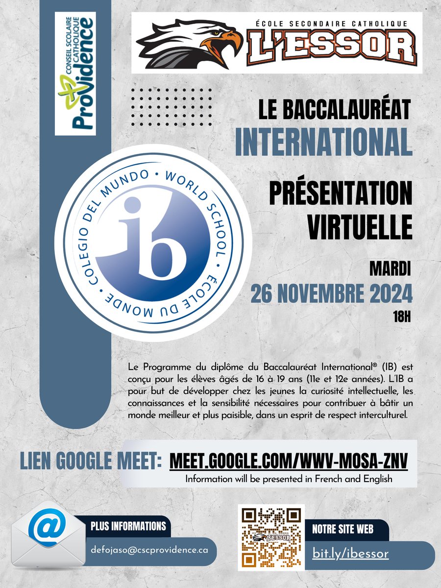 Soirée d'information pour le programme IB <a href="/ESCLESSOR/">École secondaire catholique l'Essor</a> <a href="/ESCEJL/">École secondaire catholique E.J. Lajeunesse</a> <a href="/EECSteMYouville/">École catholique Sainte-Marguerite-d'Youville</a> <a href="/EECGPVanier/">École catholique Georges-P.-Vanier</a> <a href="/EECStEdmond/">École catholique Saint-Edmond</a> <a href="/EECSteUrsule/">École catholique Sainte-Ursule</a>
<a href="/EECStPaul/">École catholique Saint-Paul</a> <a href="/EECStAntoine/">École catholique Saint-Antoine</a> <a href="/EECStAmbroise/">École catholique Saint-Ambroise</a> <a href="/EcoleMJN/">École Monseigneur-Jean-Noël</a> <a href="/EECPavdesJeunes/">École catholique Pavillon des Jeunes</a> <a href="/ECStMichel/">École catholique Saint-Michel</a> <a href="/EECMgrACaron/">École catholique Mgr-Augustin-Caron</a> <a href="/EECStJBaptiste/">École catholique Saint-Jean-Baptiste</a> <a href="/EECSteTherese/">École catholique Sainte-Thérèse</a>