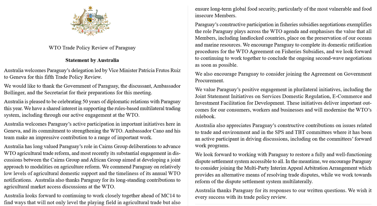 James Baxter (@auswto) on Twitter photo Australia has long valued Paraguay’s efforts to advance agricultural trade reform @WTO, including as a member of <a href="/CairnsGroupWTO/">Cairns Group WTO</a>.
Read Australia’s statement to Paraguay’s Fifth Trade Policy Review below. 🇵🇾🇦🇺 Australia has long valued Paraguay’s efforts to advance agricultural trade reform @WTO, including as a member of <a href="/CairnsGroupWTO/">Cairns Group WTO</a>.
Read Australia’s statement to Paraguay’s Fifth Trade Policy Review below. 🇵🇾🇦🇺