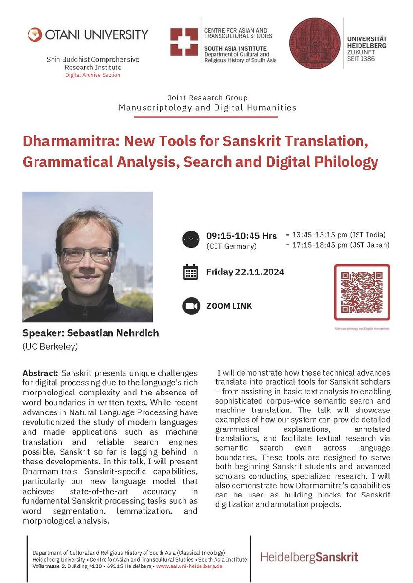 KushDepala's tweet photo. We are hosting @SebastianNehrd2 for an online talk about Dharmamitra tomorrow (Friday 22nd Nov) at 9:15am (CET Germany). Do join if interested in AI, Translation and Sanskrit https://t.co/3e1RpDO3OF https://t.co/7qUgI9dr56