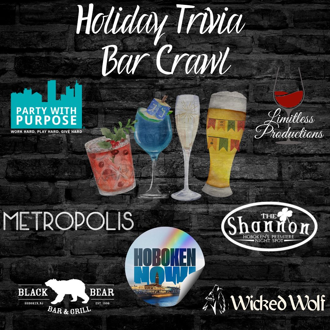 Now this will be fun! 
Join Limitless Productions on a Trivia Bar Crawl on Saturday, December 7... details hobokennow.co/holiday-trivia…
<a href="/BarBlackBear/">Black Bear Hoboken</a> The Shannon <a href="/WWolfHoboken/">Wicked Wolf Hoboken</a>  Metropolis Hoboken 
#milesquareplayground #hobokennow #hoboken