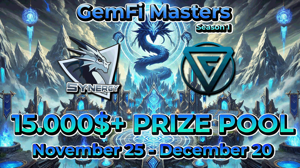 SynergyGuild's tweet image. 🔥A battle for $10,000+? You deserve more! Now it’s a battle for $15,000+!🔥

GemFi Masters: Season 1 will take place from November 25th to December 20th! The biggest GameFi event by @SynergyGuild and @GemFi_Hub  , combining tournaments, events, creative contests, social and…