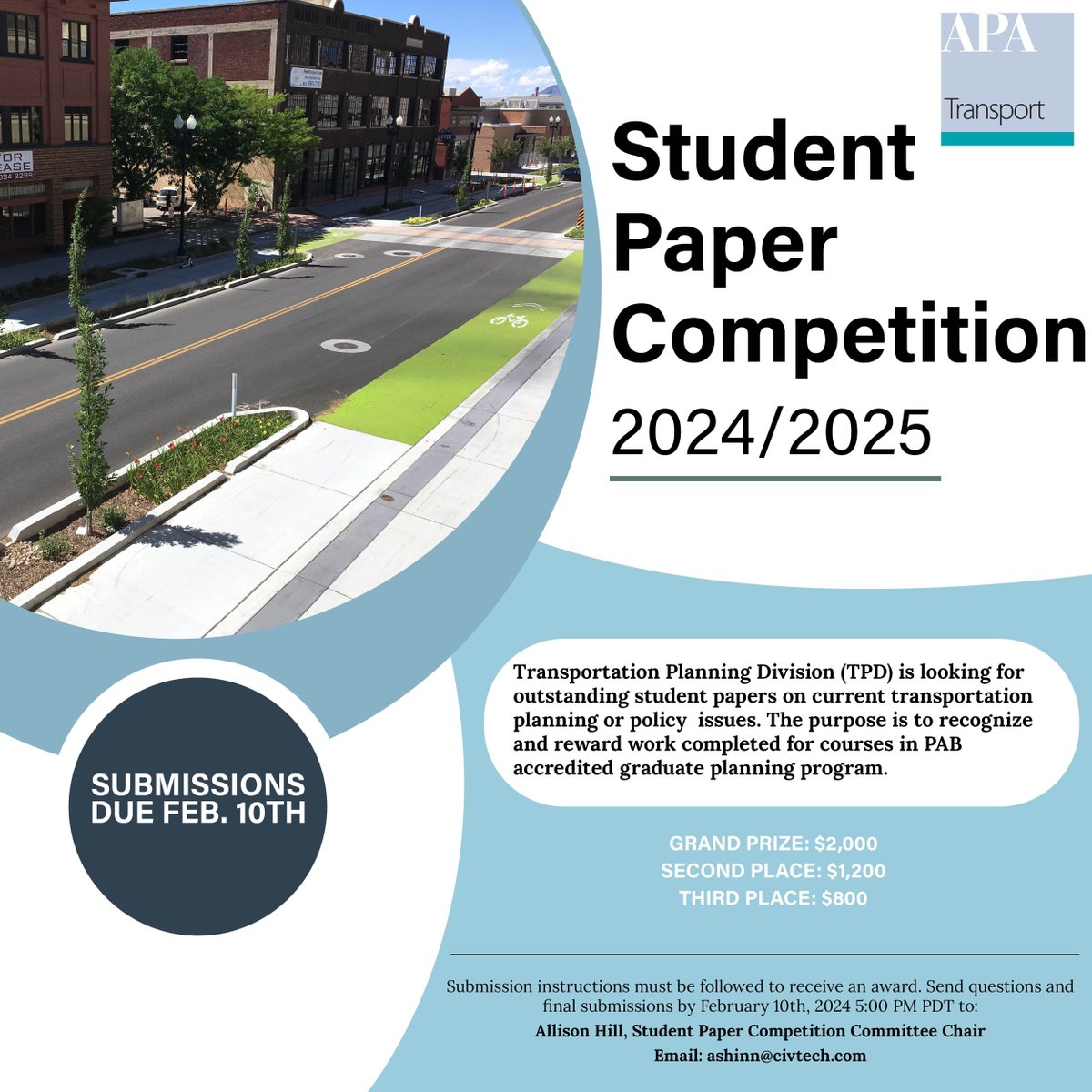 We are seeking applications for our Annual Student Paper Competition!
 
APA TPD seeks to reward graduate students for outstanding research papers of relevance to topical transportation planning issues. $2,000 is up for grabs!
 
Additional info here: buff.ly/3XvT5As