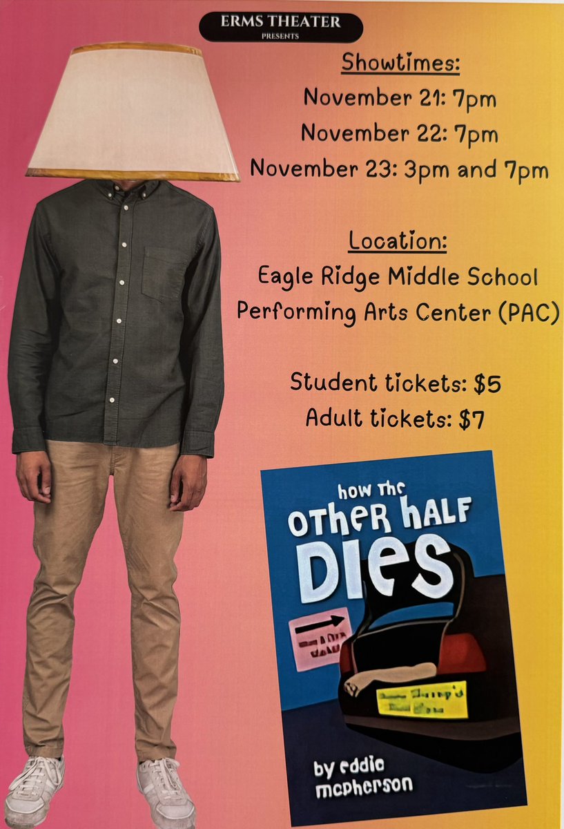 It’s a great weekend to join us here at ERMS for the opening of our fall play! “How the Other Half Dies” is a hilarious murder mystery performed by our talented middle schoolers. 
Shows are Thursday - Saturday  7PM along with a matinee performance at 3PM Saturday. 
Come join us!
