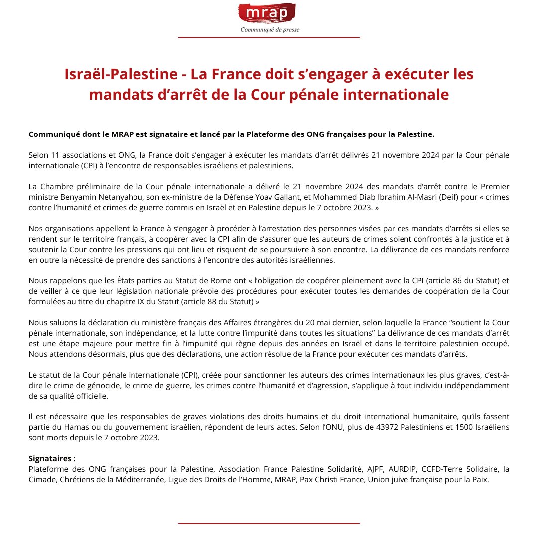 La France doit s'engager à exécuter les mandats d'arrêt de la CPI ! Voici no communiqué.