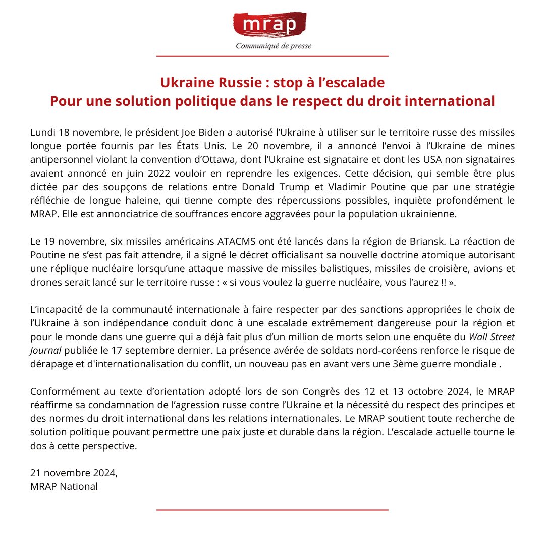Voici notre communiqué sur la situation Ukraine-Russie. Nous favorable à une solution politique dans le respect du droit international !