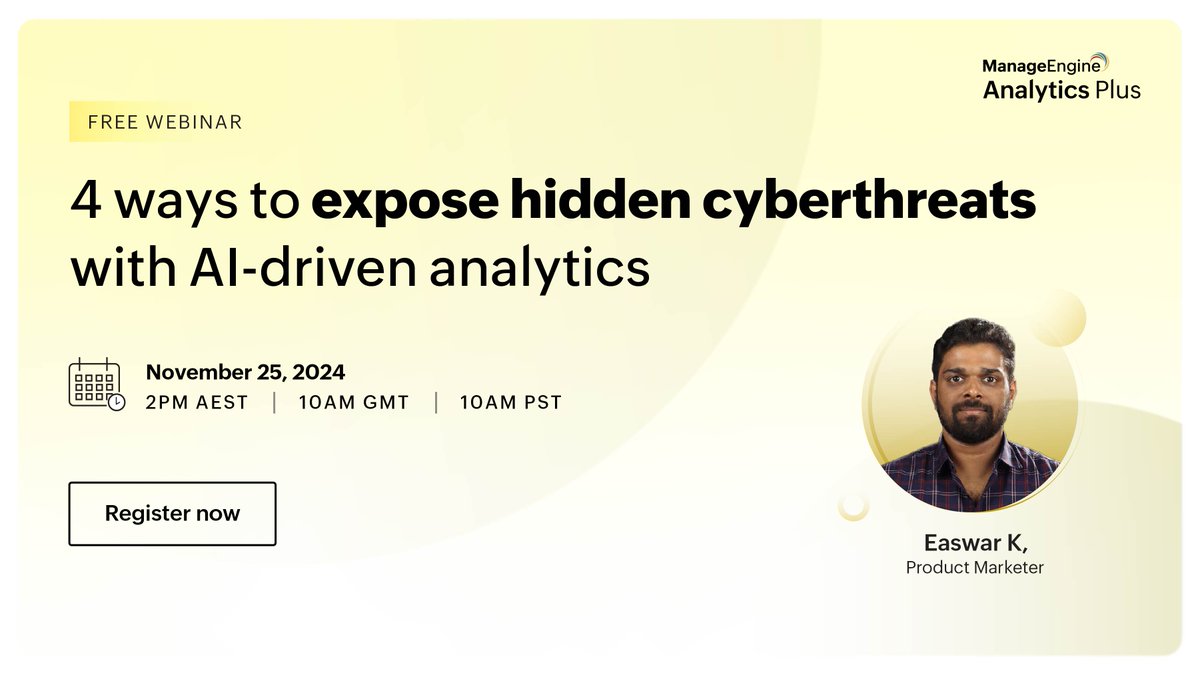 manageengine's tweet image. Are your patches truly secure? Worried about shadow IT and high-risk accounts? 

Join our webinar to discover how AI-powered analytics can close these critical gaps in your cyberdefense: zurl.co/tevG 

#SecurityAnalytics #Cybersecurity