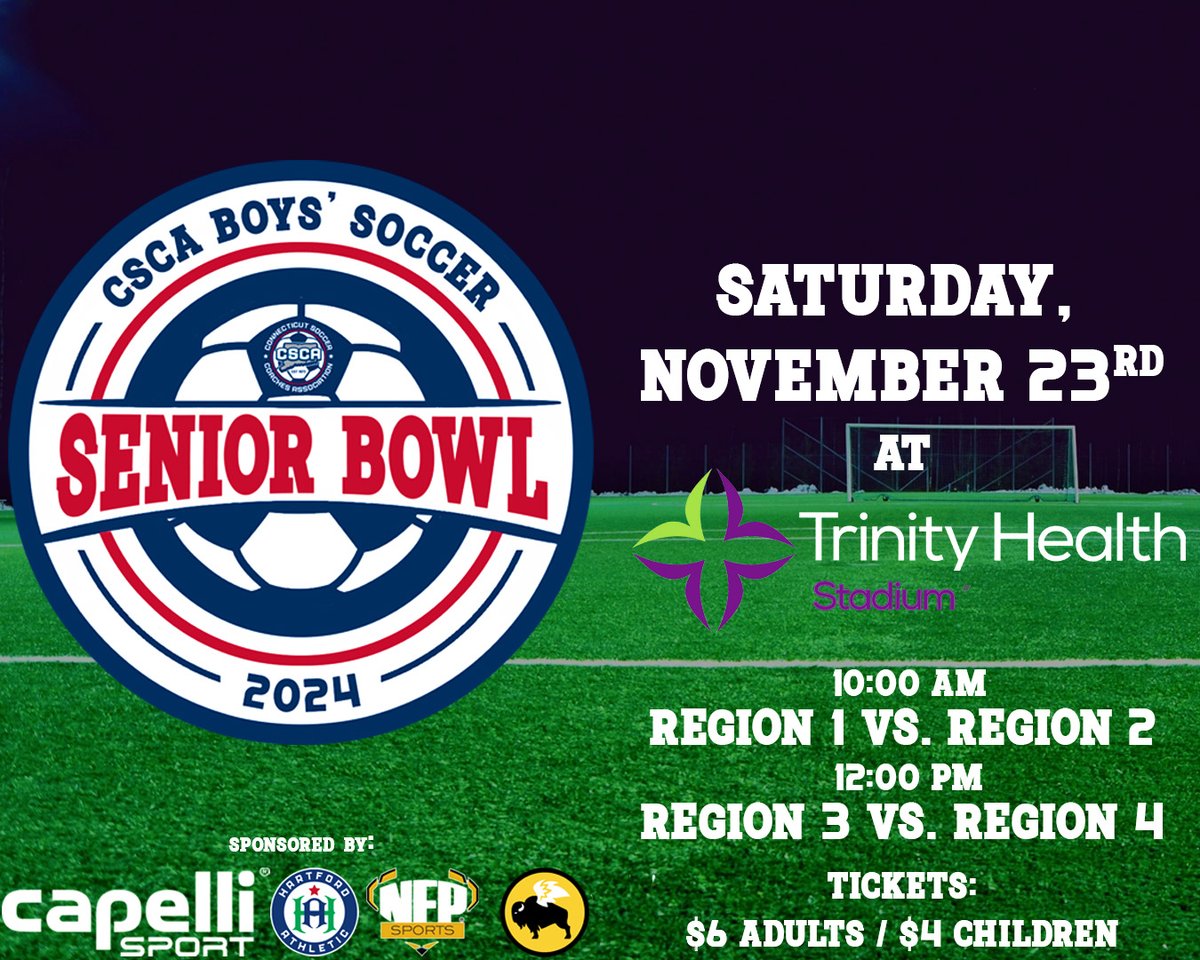 CSCA (@csca_soccer) on Twitter photo The 2024 <a href="/CSCA_Soccer/">CSCA</a> Senior Bowl is here! Don't miss any of the action going down Saturday, November 23rd at Trinity Health Stadium. Thanks to our sponsors <a href="/capellisport/">Capelli Sport</a> <a href="/HartfordAthFC/">Hartford Athletic</a> <a href="/NFP_CTEast/">NFP Sports - CT East</a> <a href="/BWWings/">Buffalo Wild Wings</a> #ctbsoc The 2024 <a href="/CSCA_Soccer/">CSCA</a> Senior Bowl is here! Don't miss any of the action going down Saturday, November 23rd at Trinity Health Stadium. Thanks to our sponsors <a href="/capellisport/">Capelli Sport</a> <a href="/HartfordAthFC/">Hartford Athletic</a> <a href="/NFP_CTEast/">NFP Sports - CT East</a> <a href="/BWWings/">Buffalo Wild Wings</a> #ctbsoc