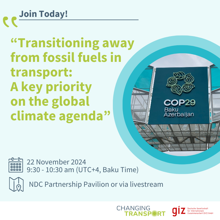 Happening Today!
📢 Don’t miss this side event at #COP29!
Chilean Minister of Transport Juan Carlos Muñoz on Transitioning Away from Fossil Fuels in Transport.

👉 See you there: Blue Zone, NDC Partnership Pavilion, Number A9
or
🔗 Watch live on YouTube: bit.ly/3YVqXIQ