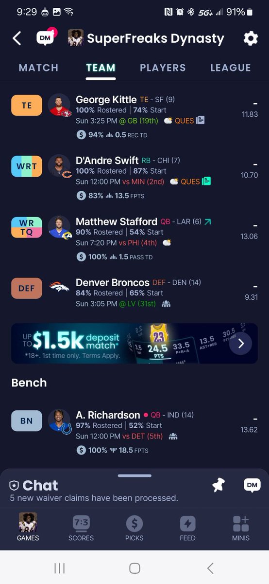 JawTrii's tweet photo. @KurtBenkert @SleeperHQ My buddies team in a 14 man league. Has Pacheco/godwin/rice on IR as well. https://t.co/Eb8uviV7II